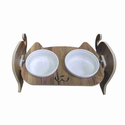 2605-Gobby Ahşap Ayarlanabilir 2’li Kedi Mama Kabı – Seramik Kaseli Ergonomik Stand
