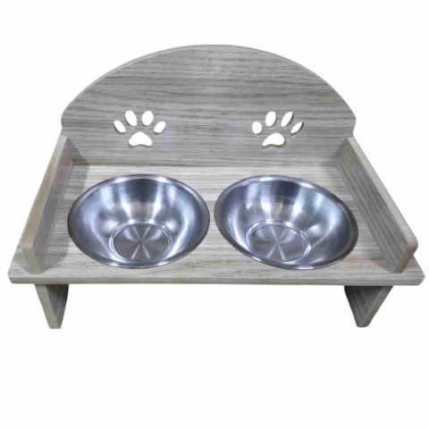 5271-Gobby Ahşap Kademeli 2’li Kedi Mama Kabı – Metal Kaseli Ergonomik Stand