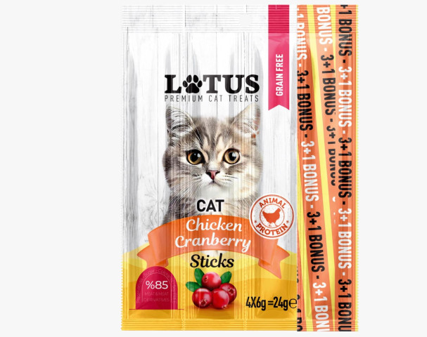 Lotus Cat Chicken & Cranberry Sticks 4’lü Kedi Ödül Çubuğu 6gr x 4 – Tavuk Etli Kızılcıklı Leziz Sticks (%85 Et İçerikli)