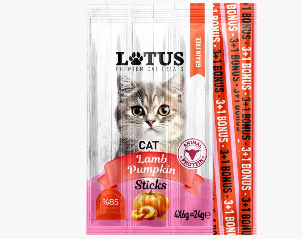 Lotus Cat Lamb & Pumpkin Sticks 4’lü Kedi Ödül Çubuğu 6gr x 4 – Kuzu Etli Balkabaklı Leziz Sticks (%85 Et İçerikli)