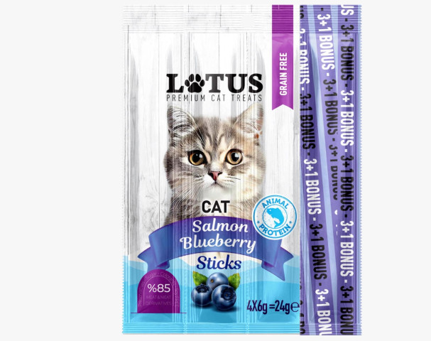Lotus Cat Salmon & Blueberry 4’lü Kedi Ödül Çubuğu 6gr x 4 – Somonlu Yaban Mersinli Leziz Sticks (%85 Et İçerikli)
