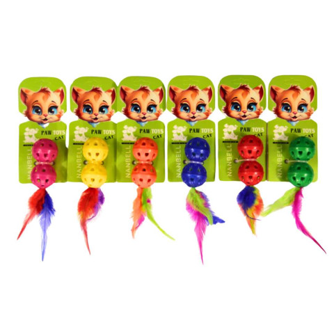 Nanbell Çift Toplu Tüylü Kedi Oyuncağı – Zilli ve Renkli Oyun Topları AO064